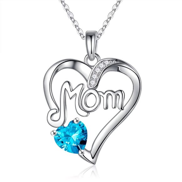 Mom Heart Pendant Necklace, Birthstone Teal Crystal, December Birthstone - Picture 1 of 4